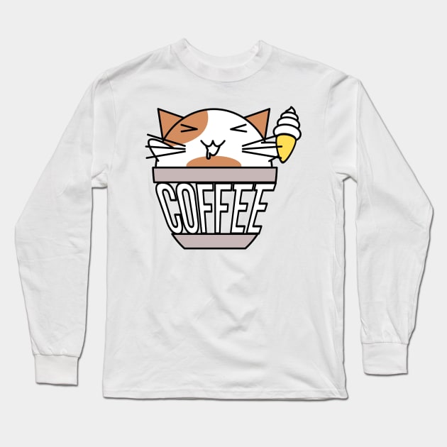 Cat in coffee cup with warped text holding ice cream white and orange Long Sleeve T-Shirt by coffeewithkitty
